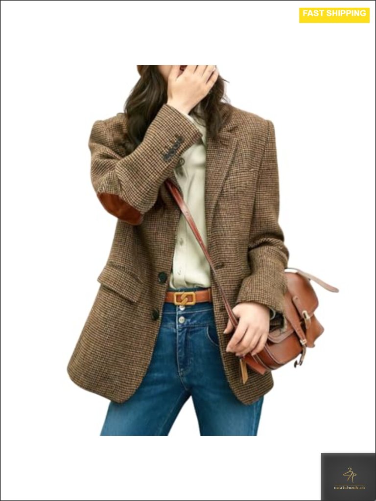 Wool Blend Plaid Blazer Jacket Long Sleeve Notch Lapel Button Front